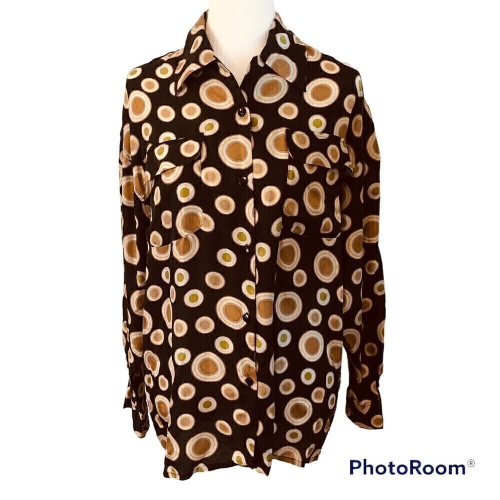 Cezar Silk Circles Printed Blouse Size S/M Long Sleeve Button Front